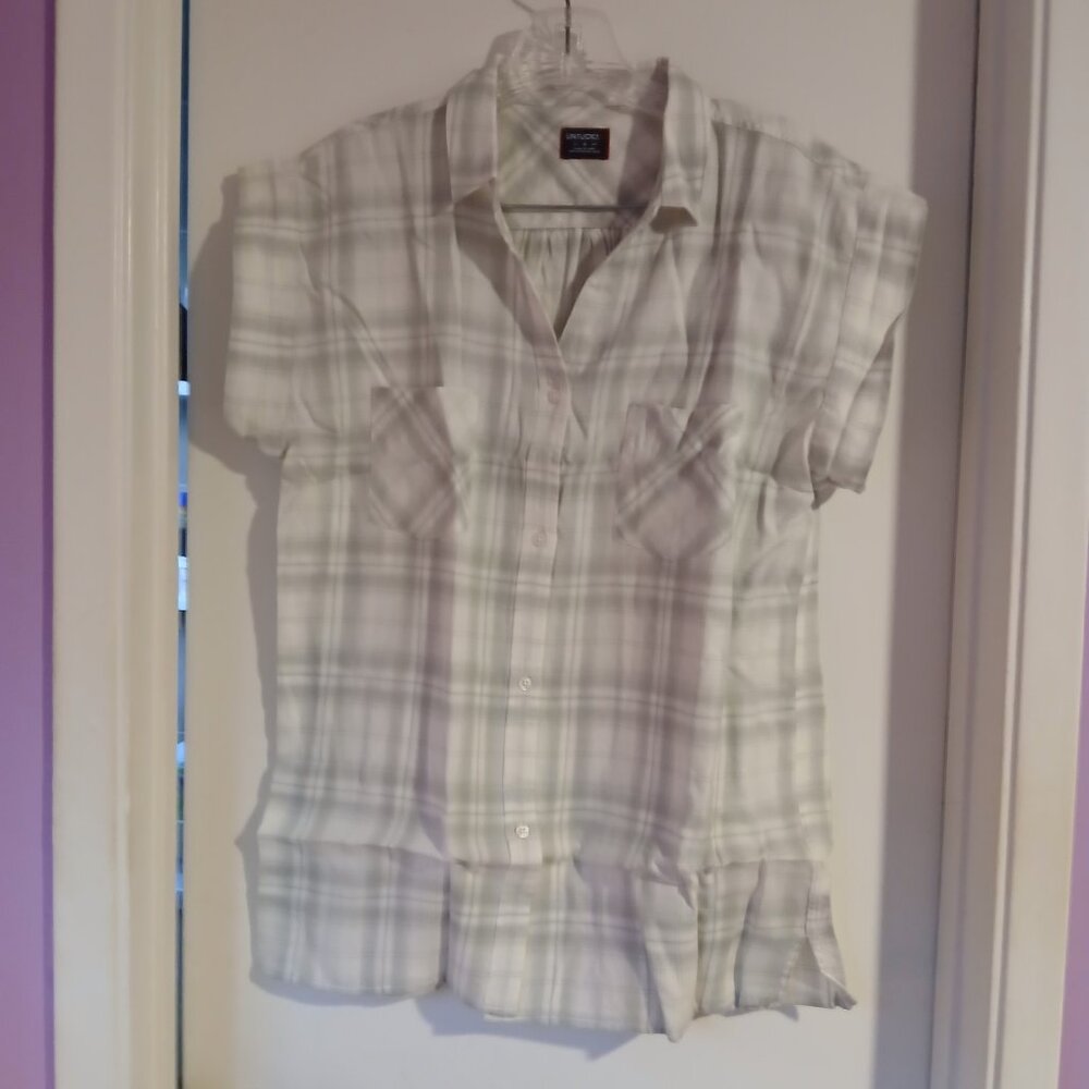 Untuckit Villefranchie Women's Grey Ivory Plaid Cap Sleeve Button Up SZ …